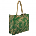 15-  GREEN & TAN GREEK KEY JUTE BAG